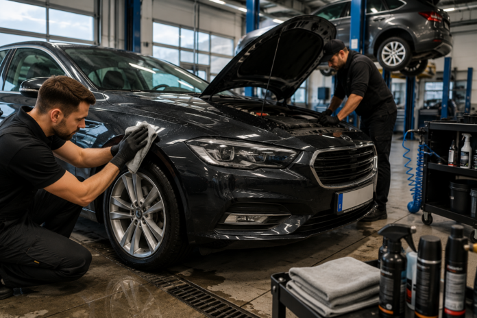 Ein modernes Auto wird in einer professionellen Fahrzeugpflegehalle gereinigt und poliert, während ein Techniker den technischen Zustand überprüft.