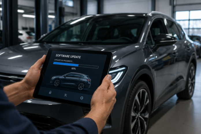 Modernes Fahrzeug in einer Garage mit dezent dargestellter digitaler Diagnose und Software-Aktualisierung, natürliche Umgebung, keine Markenlogos und kein Text.