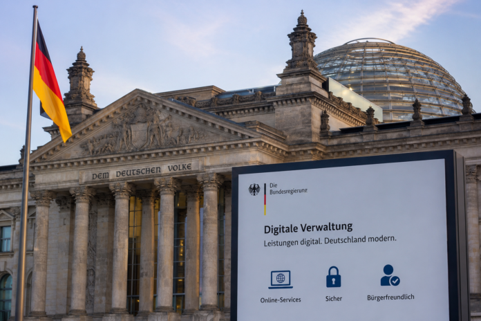 Modernes Verwaltungsgebäude mit digitalen Informationsanzeigen und symbolischer Darstellung einer vernetzten öffentlichen Verwaltung ohne Personen.