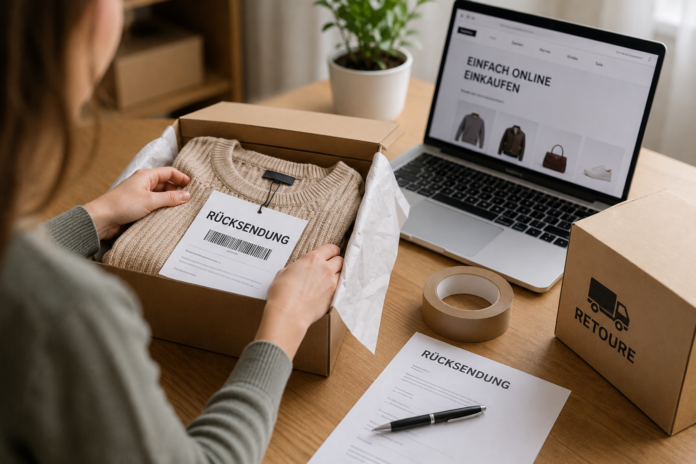 Person verpackt ein Online-Einkaufspaket für eine Rücksendung mit Retourenlabel auf einem Tisch neben Laptop und Versandkarton.