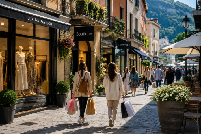 Eine elegante Einkaufsstraße in einer europäischen Altstadt mit stilvollen Boutiquen, Cafés und entspannt flanierenden Menschen.