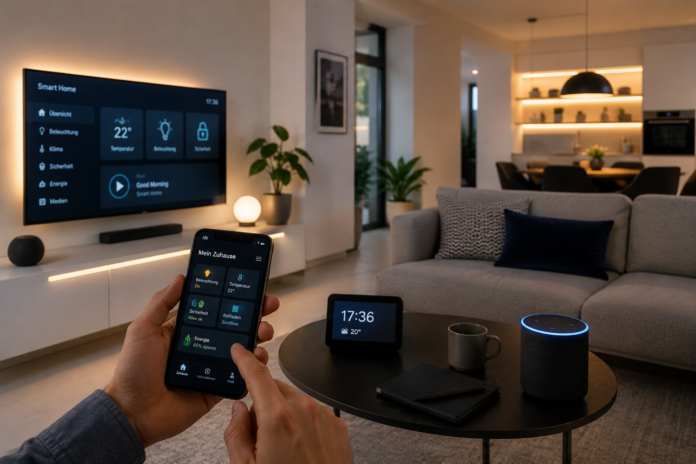 Ein modernes Wohnzimmer mit intelligenter Beleuchtung, Smart-Home-Geräten, Sprachassistenten und minimalistischer Einrichtung in hellem Tageslicht.