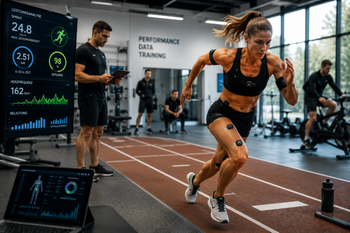 Ein modernes Trainingszentrum mit Athleten, digitalen Leistungsanzeigen und innovativer Sporttechnologie während einer Trainingseinheit.