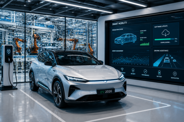 Ein modernes Elektrofahrzeug vor einer futuristischen Produktionshalle mit digitalen Anzeigen und intelligenten Softwaregrafiken.