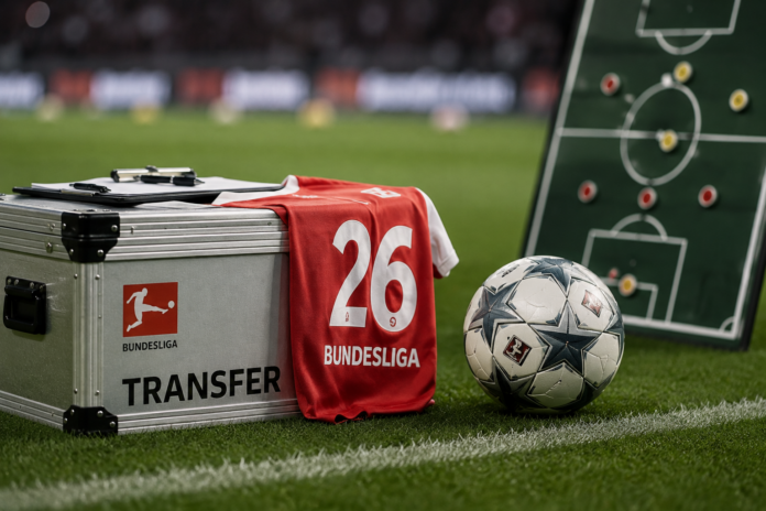 Editoriale Fußballszene mit leerem Bundesliga-Stadion, Transferunterlagen, Fußball und dezenten Symbolen für einen Vereinswechsel, ohne Spielerporträts, Vereinslogos oder Text.