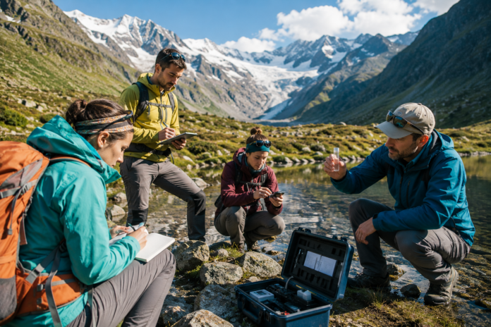 Eine kleine Reisegruppe beobachtet gemeinsam mit Wissenschaftlern eine beeindruckende Naturlandschaft und sammelt Daten in einem geschützten Naturgebiet.