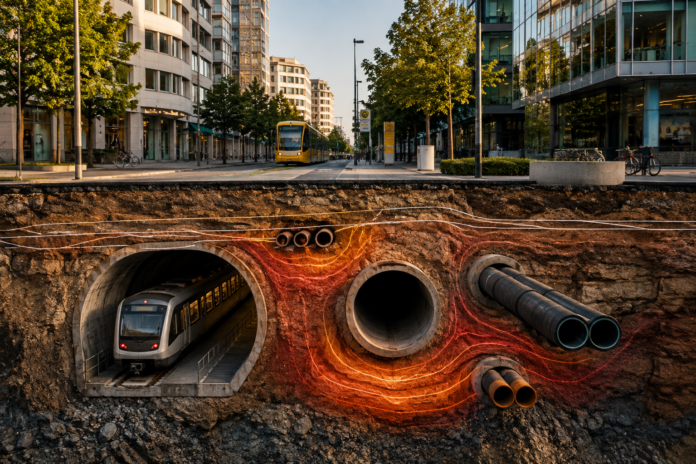 Editoriale Darstellung eines urbanen Straßenzugs im Sommer mit angeschnittener Bodenstruktur, unterirdischen Leitungen und Wärmezonen unter Gebäuden, ohne Personen und ohne Text.