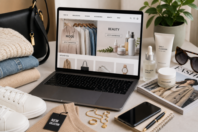 Moderne Mode, Sneaker und hochwertige Hautpflegeprodukte neben einem Laptop mit geöffnetem Online-Shop.