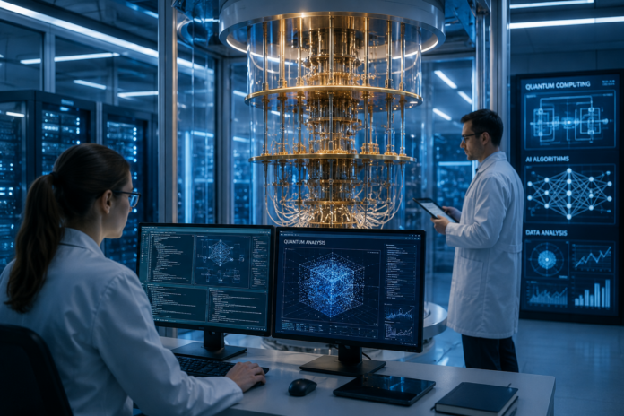 Ein moderner Quantencomputer in einem Hightech-Forschungslabor mit Wissenschaftlern, die digitale Daten und KI-Analysen überwachen.