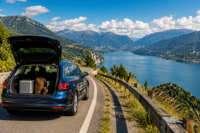 Ein modernes Auto fährt auf einer malerischen Panoramastraße durch eine Berglandschaft bei sonnigem Wetter mit Blick auf Seen und grüne Täler.