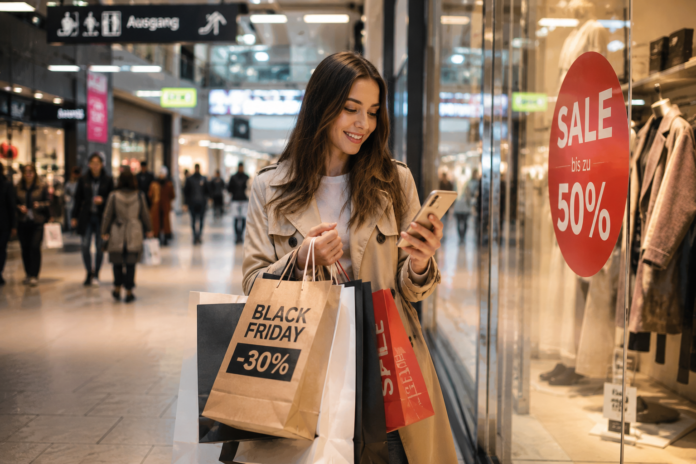 Eine moderne Einkaufsstraße mit Schaufenstern, Menschen beim Einkaufen und digitalen Preisanzeigen in einem hellen Stadtzentrum.