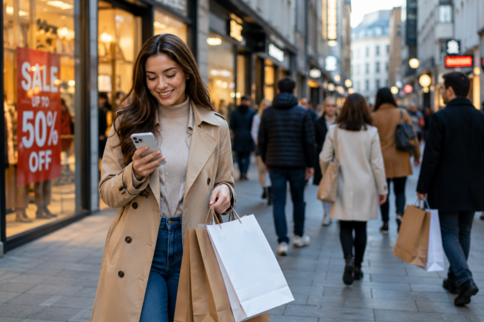 Menschen bummeln durch ein modernes Einkaufszentrum, während andere digitale Einkaufsmöglichkeiten auf ihren Smartphones nutzen.