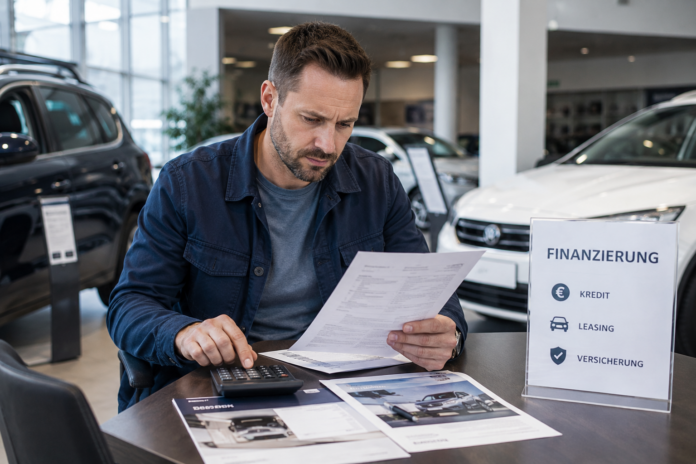 Ein moderner Autohändler mit Fahrzeugen in einer Ausstellungshalle, während ein Käufer Finanzierungsunterlagen prüft.