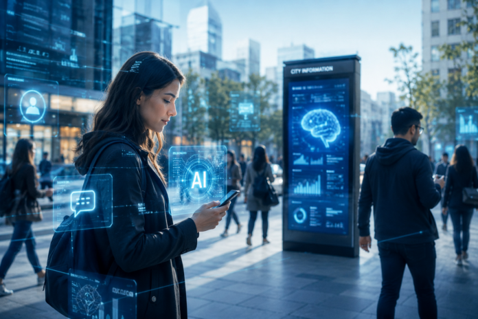 Eine moderne Stadt, in der Menschen digitale KI-Technologien im Alltag nutzen – von Smartphones über intelligente Displays bis hin zu vernetzten Arbeitsplätzen.