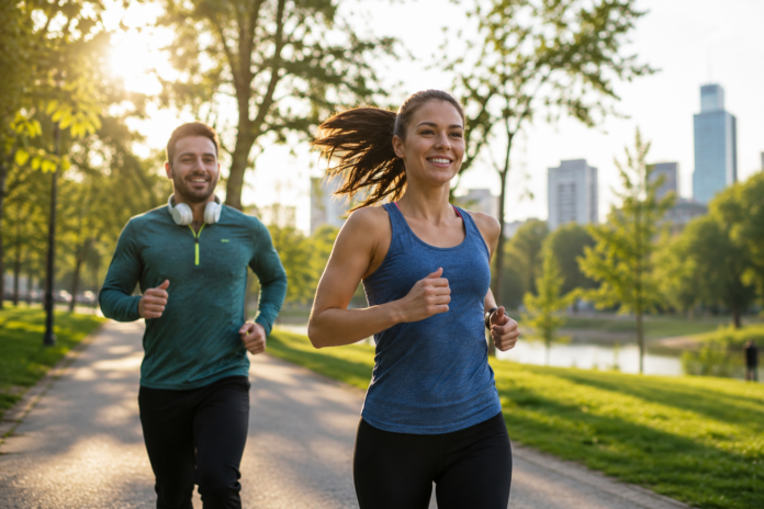 Menschen unterschiedlichen Alters joggen und trainieren gemeinsam in einem modernen Stadtpark bei Sonnenaufgang.