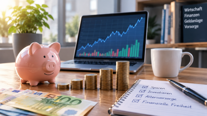 Ein Schreibtisch mit Laptop, Euro-Münzen, Sparschwein und Finanzdiagrammen symbolisiert langfristige Geldanlage und Vermögensaufbau