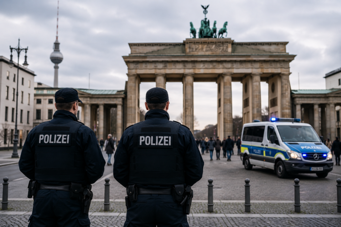 Polizeibeamte sichern einen öffentlichen Platz in Berlin während erhöhter Sicherheitsmaßnahmen.