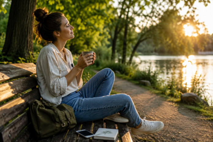Eine Frau sitzt auf einer Parkbank, legt ihr Smartphone beiseite und genießt die Natur während eines sonnigen Nachmittags.