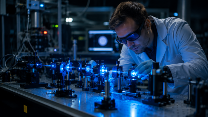 Physiker analysieren ein modernes Laserlabor mit optischen Experimenten zur Simulation von Schwarzen Löchern.