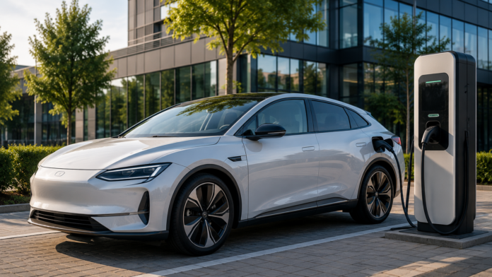 Modernes Elektroauto an einer Schnellladestation vor einem zeitgemäßen Bürogebäude in Deutschland.