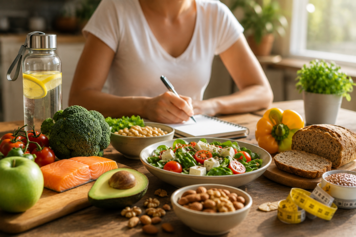 Frische Lebensmittel wie Gemüse, Obst, Vollkornprodukte und Nüsse liegen auf einem Tisch neben einer Person, die einen gesunden Ernährungsplan erstellt