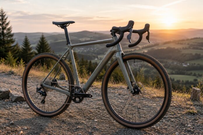 Modernes Gravelbike auf einer Landstraße als Symbol für das Sortiment von ROSE Bikes und den modernen Radsport